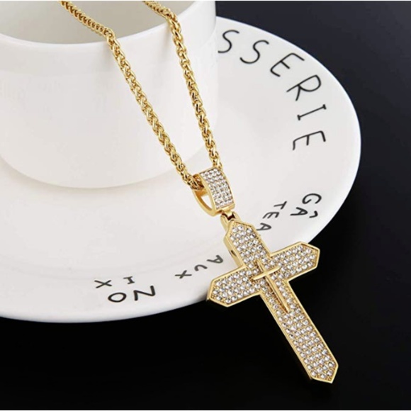 Mens 18K "Intercross" Gold Plated Iced Out Cross - Picture 1 of 4